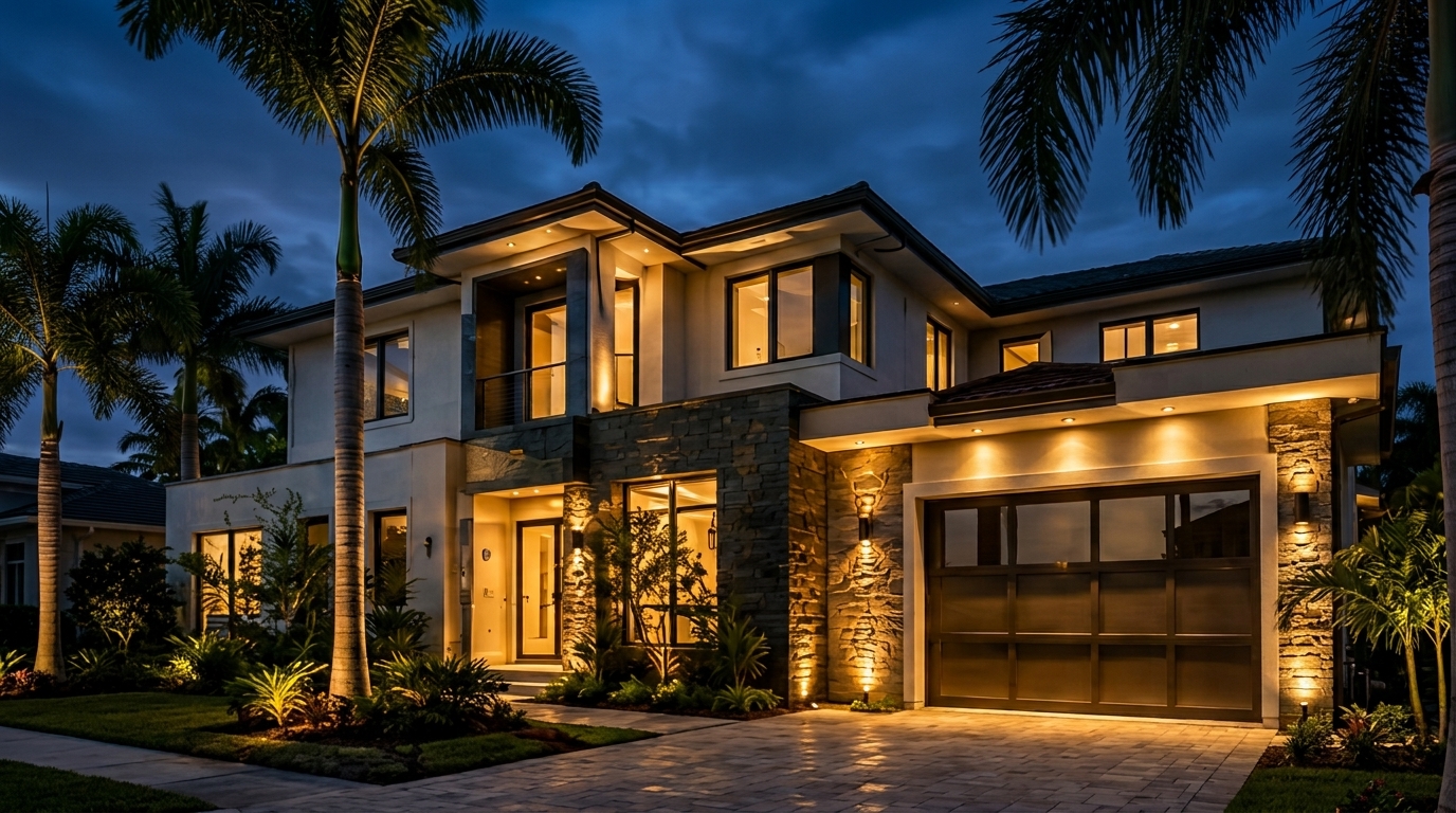 Imagen premium de KWLUX para electricidad e iluminación con residencia arquitectónica iluminada.